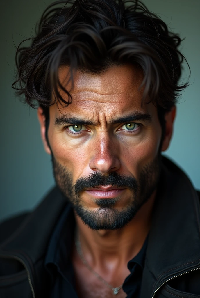 The face of a man with green eyes, dark messy hair, CEO vibes