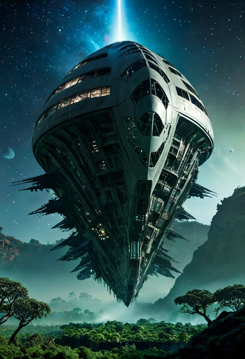 (best quality, 4k, ultra detailed, high resolution, masterpiece: 1.2),Imagine the inside of a partially destroyed bio-organic alien ship, with internal structures that look like a mix between technology and biological tissue. The scene is seen from an elevated and distant position, allowing you to see the colossal size of the environment and giving a feeling of immensity. Through the gaps in the ship, se puede ver el espacio exterior lleno de estrellas, con algunas luces brillantes y tenues que sugieren planetas o naves a lo lejos.