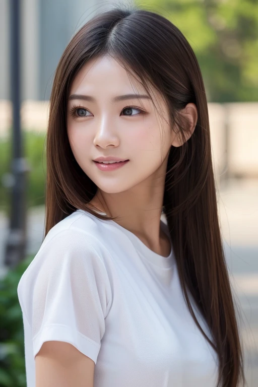 dress、(Photorealistic:1.4)、(hyper Realistic:1.4)、(Realistic:1.3)、(Smooth lighting:1.05)、(映画の照明Improvement of quality:0.9)、32K、One Girl、20-year-old girl、Realistic lighting、Backlight、Facial Light、Ray-tracing、(Bright light:1.2)、(Improvement of quality:1.4)、(Highest Quality Real Texture Skins:1.4)、Finely grained、Detailed painted face、Quality Eyes、(tired, Sleepy and satisfied:0.0)、 White T-shirt、(Enhance the mood of your body line:1.1)、(Enhances the beauty of skin texture:1.1)、((My Imada))、Specific Background、Medium length hair with even shape on both sides、smile、I have a bag