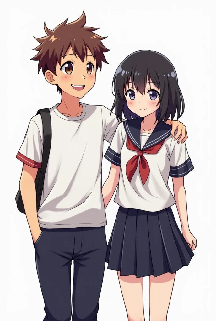 Comic Cover，White background，Two high school students，A very cheerful boy with a smile，brown hair, his hair is smooth and has a bit of a cowlick.，A girl with a cold expression，Black short hair，with a forelock，They stand together，Wearing school uniform，Full body picture，Vision