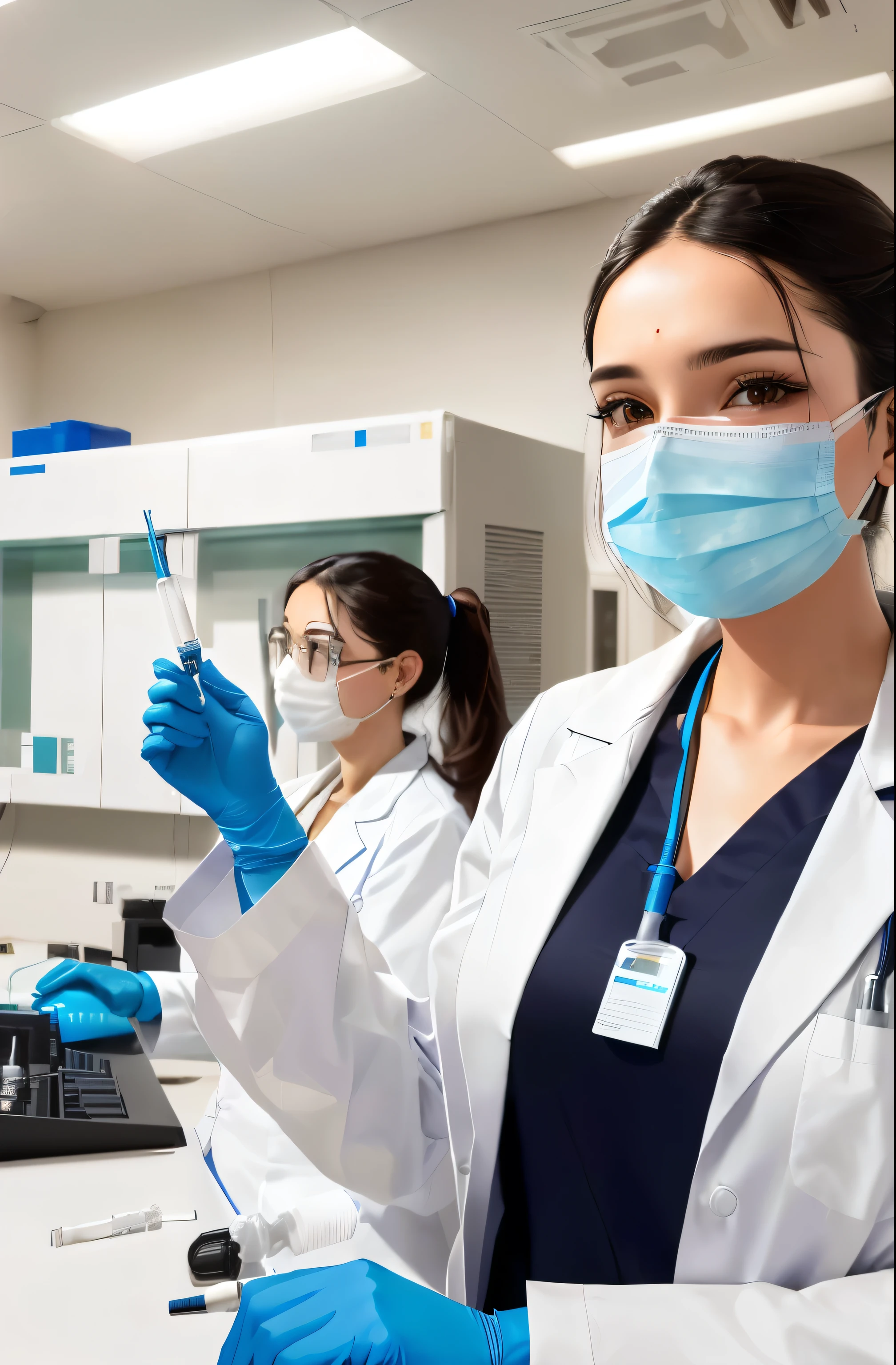 Arav female doctor in a lab coat and blue gloves holding a syom, Clean medical environment, Wearing a white coat and a blouse, Medical staff, Medical Laboratories, Masked Doctor, Medical Laboratoriesoratory, Wearing a white coat and glasses, Wearing a lab coat, Holding a syringe, Wearing a white coat, Holding a syringe, handling laboratory equipment, Wearing a white coat,8k HD resolution