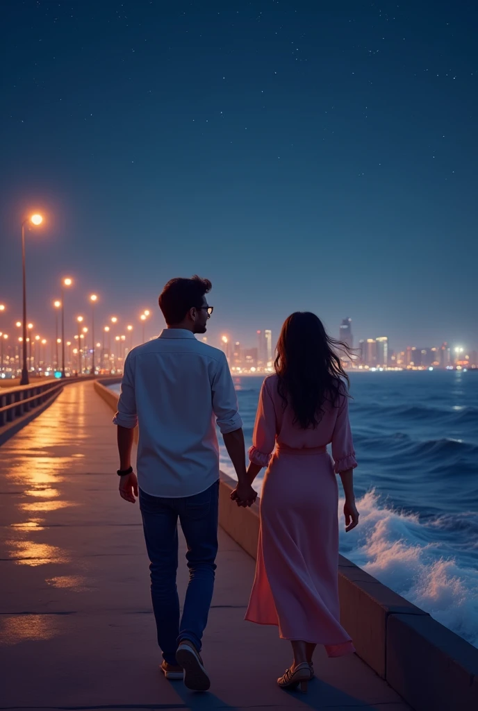 “Create a serene and romantic scene of a couple walking hand in hand along Marine Drive at night in Mumbai. The man and woman, both in their mid-twenties, are dressed stylishly yet comfortably, reflecting their personalities. The stars twinkle in the clear night sky above them, while the city lights of Mumbai create a beautiful, glowing backdrop below.
The couple walks close together, their hands intertwined, symbolizing the deep connection that has blossomed from friendship to love. Their expressions are peaceful and content, with soft smiles and a sense of quiet realization that their relationship has evolved into something deeper.
Marine Drive, with its iconic curve and the gentle waves of the Arabian Sea lapping at the shore, adds a touch of magic to the scene. The lights of the city reflect on the water, creating a shimmering path that complements the calm and intimate atmosphere. Emphasize the romantic and tranquil mood of the night, highlighting the couple’s connection against the backdrop of Mumbai’s enchanting nightscape.”
This prompt will guide the AI to create an image that captures the romantic and peaceful moment when the couple realizes their deeper feelings for each other on Marine Drive.