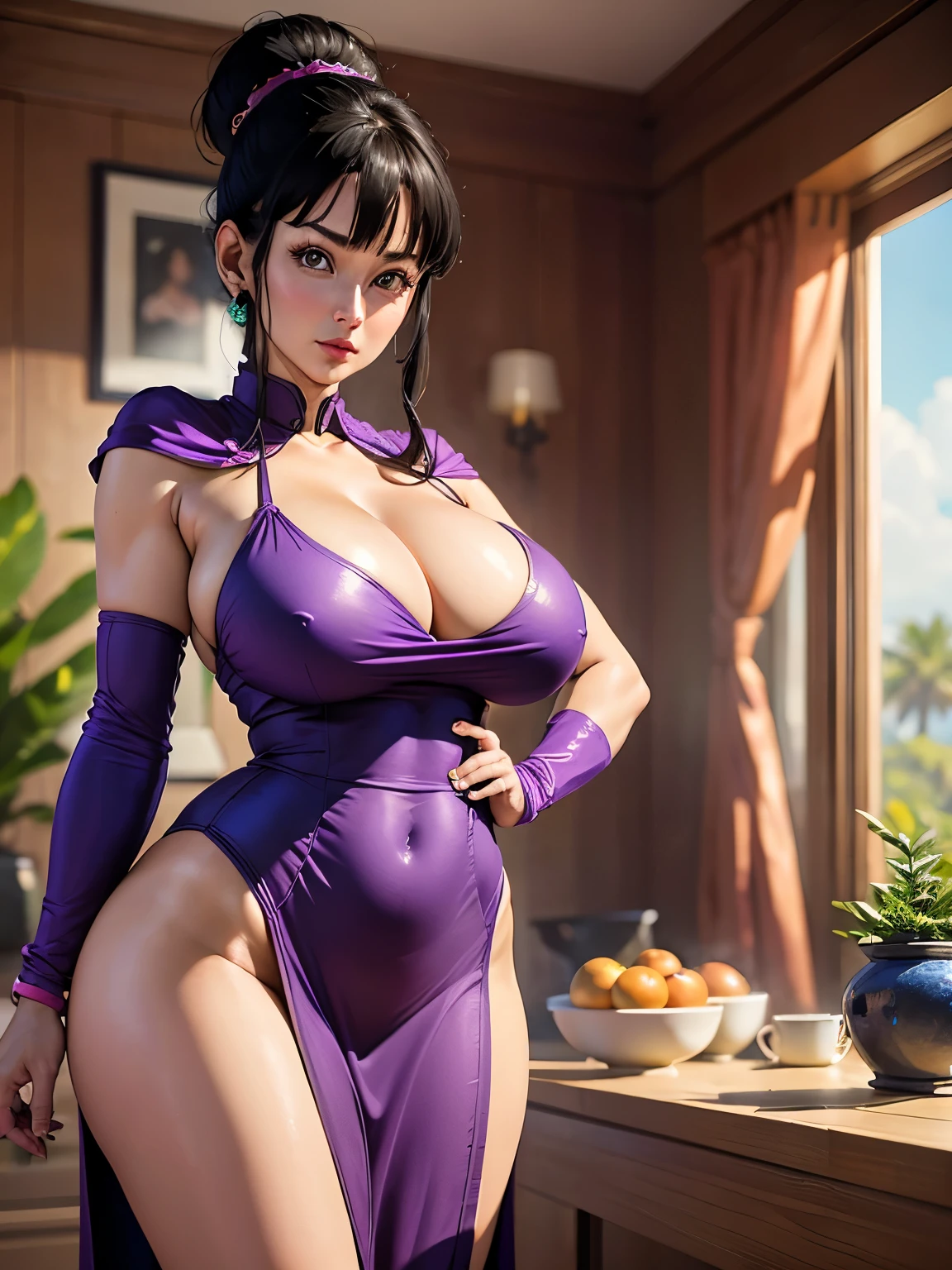 (masterpiece, Highest quality:1.2, 8k, Ultra-high resolution), (1mom), older Chichi, a character of DBZ, dragonball, mature, Milf, ((ultra realistic mature face, ultra detailed mature face)), (black, Dango hair, parted long bangs on sides Hairstyles), (Ultra Slim Waist, perfect slim model body style), ((purple China dress, orange neckchief)), wrist bands, ((((ultra huge breasts, ultra huge cleavages, ultra huge boobs, ultra huge tits)))), Detailed face, Detailed eyes, Beautiful Eyes, Perfect Eyes, Ultra-realistic & Highly detailed skin texture, (nsfw), (living room, house plant, view palm tree & beach from bay window:1.3,), standing, 