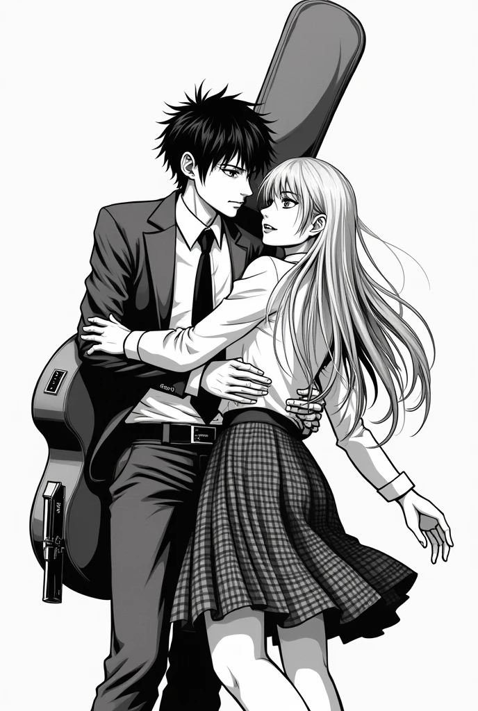 Draw a picture of a young man with black hair wearing a shirt and dress pants and a jacket and tie., He carries a gun in one of his hands and a guitar case on his back.. Next to him is a young woman with long blonde hair., dressed in a plaid skirt and a white dress shirt, The young man is protecting the woman. Make the drawing in the style of a black and white manga