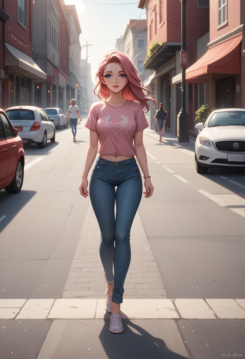 A vision flow of a beautiful woman walking down a street, her pink t-shirt and faded blue jeans illuminated by the sun, a red car passing in the background, and a world of shimmering light.  