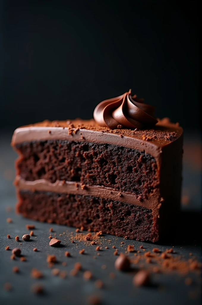 cinematic film still chocolate, chocolate cake, dark background, quality photo, moist texture, frosting, studio photo, slice . shallow depth of field, vignette, highly detailed, high budget, bokeh, cinemascope, moody, epic, gorgeous, film grain, grainy