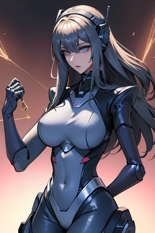 empty eyes,robotization,woman ,big bust,Robot Joint ,Metal skin,Black Suit,long hair,a suit that covers the whole body