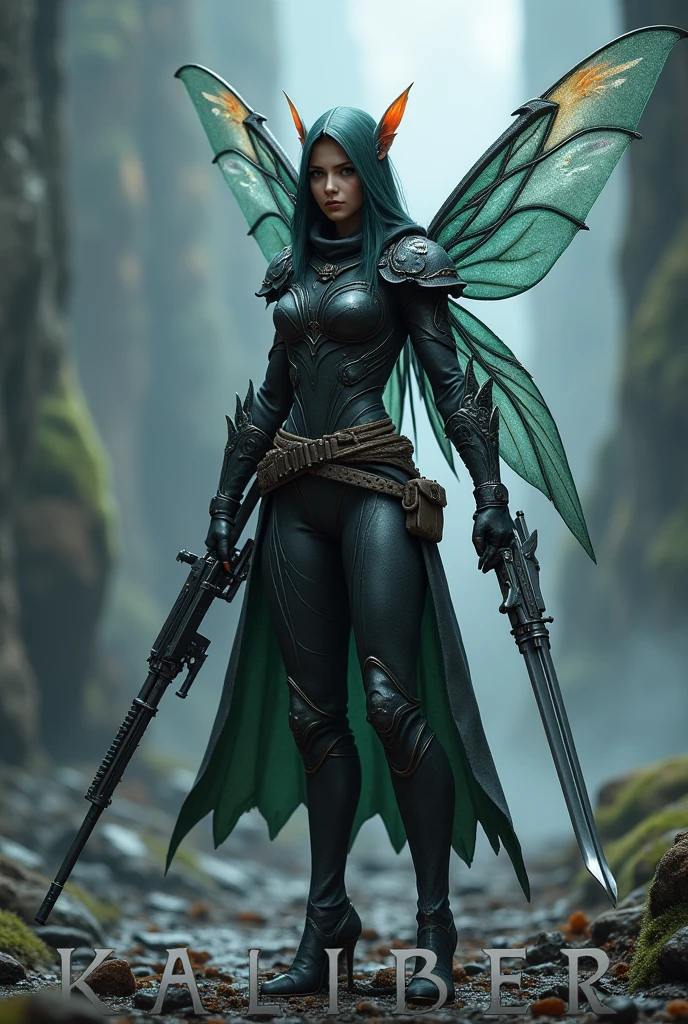 Badass Fairy assassin soldier with KALIBER in big letters underneath