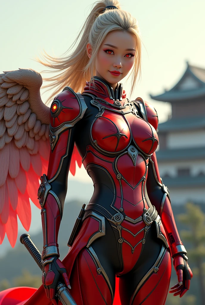 (masterpiece, best quality), futuristic soldier, korean beauty like tae yon, her face and leg fully visible, shining red eyes,, blonde ponytail , titanium stell full red mate armor suit with old relic motif, mechanical steel detail wings, holding angelic fantasy sword, bright smile, wear angelic boot, smal light armor on arm and leg with old  relic motif, standing on top the hill with old kyoto shogun castle seen on far away,best ratio body ,uhd. use the RenderMan renderer.digital art. High definition, high contrast, high color saturation, 3d,128k,cinematic lighting, intricate,cinematic lens, advertising photograph,ultra detail. Wallpaper size.
