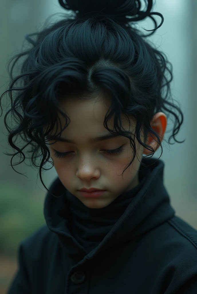 dark boy, curly hair with samurai bun cut, I will open my eyes, with light Latin physical features