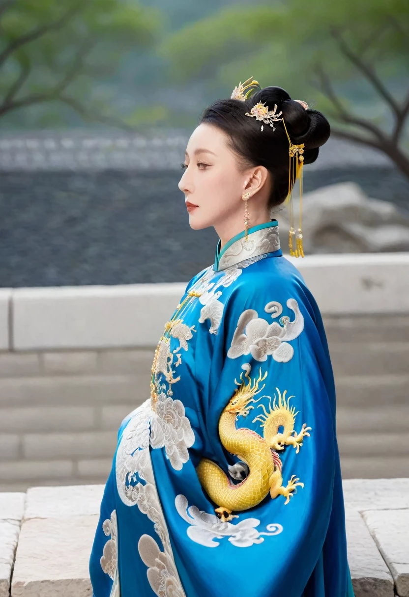 The empress of the Qing Dynasty is wearing a Hanfu with small yellow dragons embroidered on it, with only her buttocks rolled up to expose her bare buttocks. Her profile is visible from behind, and the background is the stone paving of the Qing Dynasty palace.