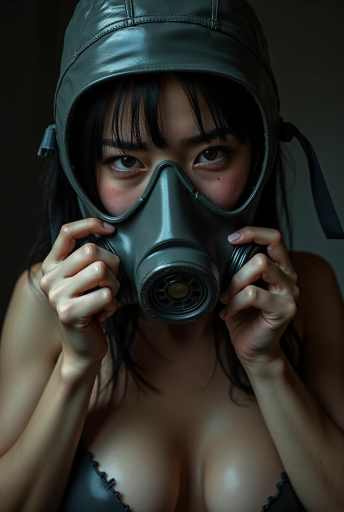 NFSW, photo-realistic, ultra-realistic, very beautiful Japanese, famous Japanese idol, 25 years old, She is restrained, latex BDSM, Vulgar, (painful expressions:1.3), dramatic scene, masterpiece, beautiful eyes, full-face gas mask, She is trying to remove the mask but it is completely glued on and cannot be removed, (crying:1.5)