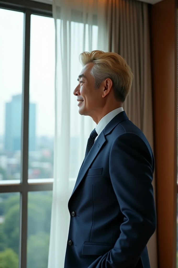Older Korean man, blond hair, friendly and attractive, Navy blue suit in a hotel room looking out onto the balcony, photorealist