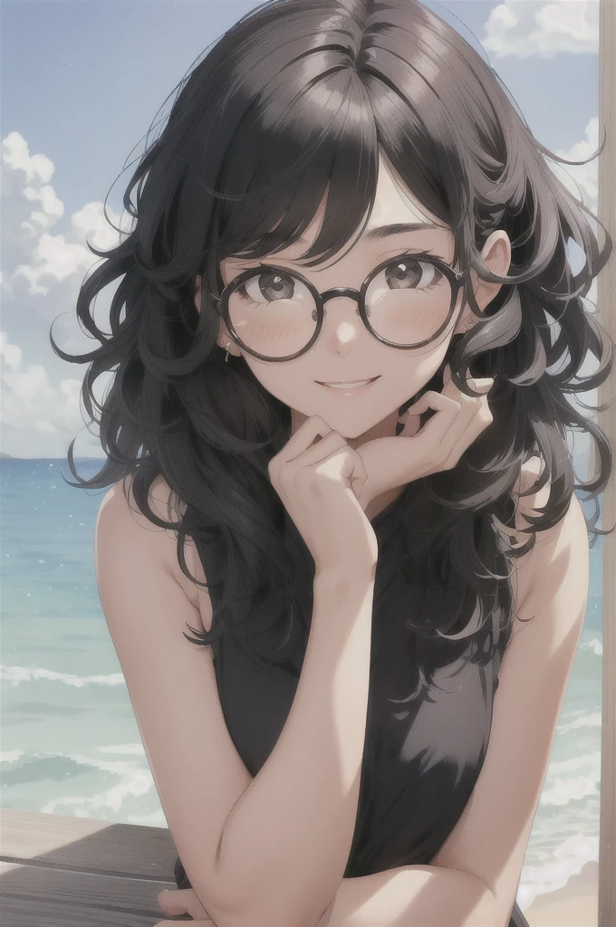 1girl, beautiful, beautiful, black wavy hair, round glasses, masterpiece, 4k, happy, blush, tanned skin, bright, sunny, happy