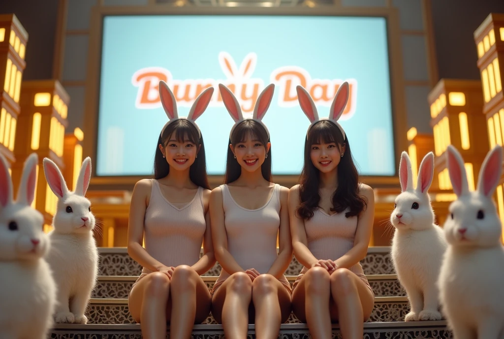 High resolution photos. Focus on group of beautiful Japanese women sitting on metal stairs, Three Girls, 4, Wearing a bunny ear headband, leotard, pantyhose. TV show studios. The background features golden buildings, Realistic stage lighting, 「Bunny Day」A large screen with the words, And there were several rabbit spectators.. Depth of written boundary, Beautiful lighting highlights her realistic smiling face, And with an open mouth. high quality.chest.sole.White skin.