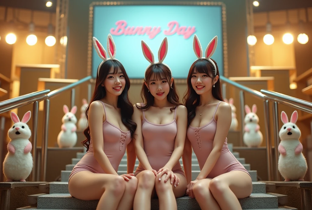 High resolution photos. Focus on group of beautiful Japanese women sitting on metal stairs, Three Girls, 4, Wearing a bunny ear headband, leotard, pantyhose. TV show studios. The background features golden buildings, Realistic stage lighting, 「Bunny Day」A large screen with the words, And there were several rabbit spectators.. Depth of written boundary, Beautiful lighting highlights her realistic smiling face, And with an open mouth. high quality.chest.sole.White skin.