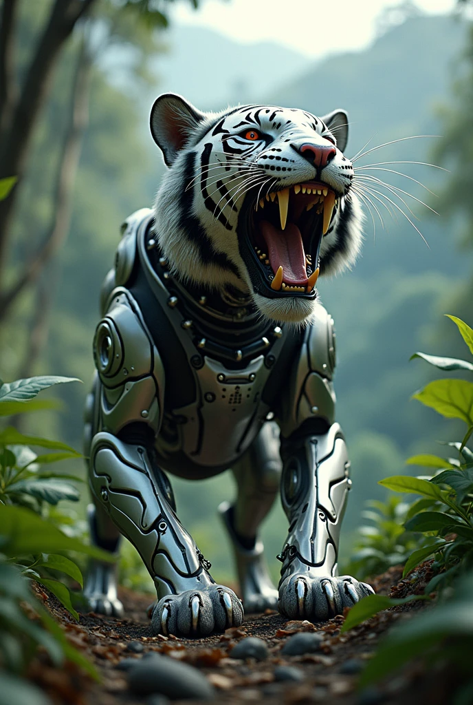 Photorealism 1.2 high definitions high details bionic tiger robotic at jungle roaring at hills electric spark injured