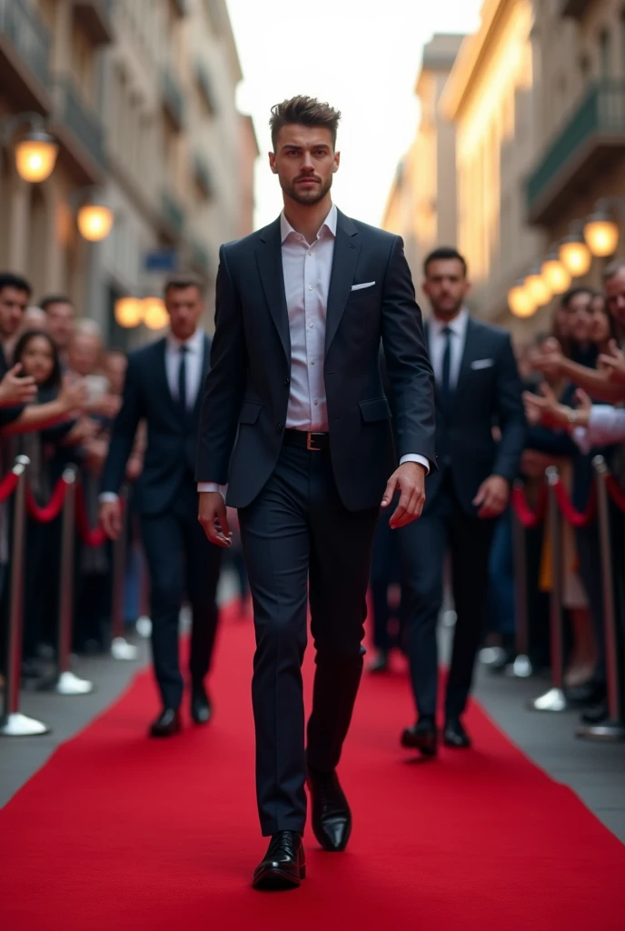 A very powerful sigma man with his security guards walking in the street in a red carpet and all the people are very excited to talk him and the man age is around 20-23 and he is having a good posture and hunter eye, jaw line