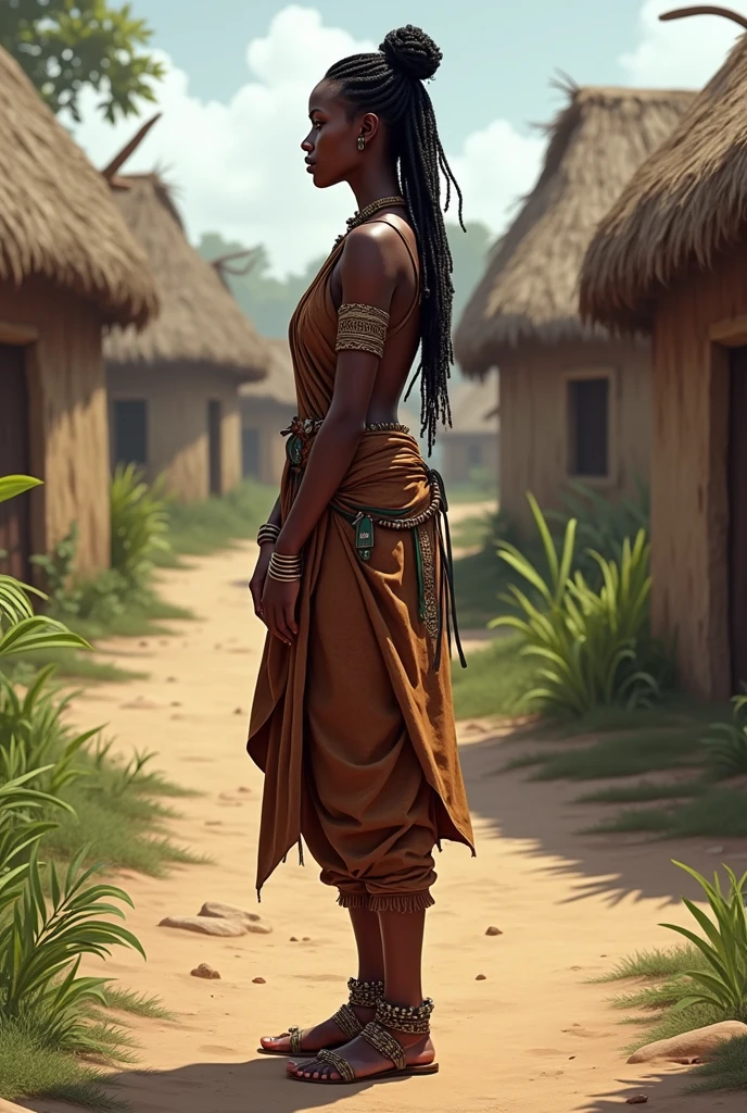 a side view reference image of moremi ajasoro for a game character as a warrior, with a simple ile-ife village warrior outfit