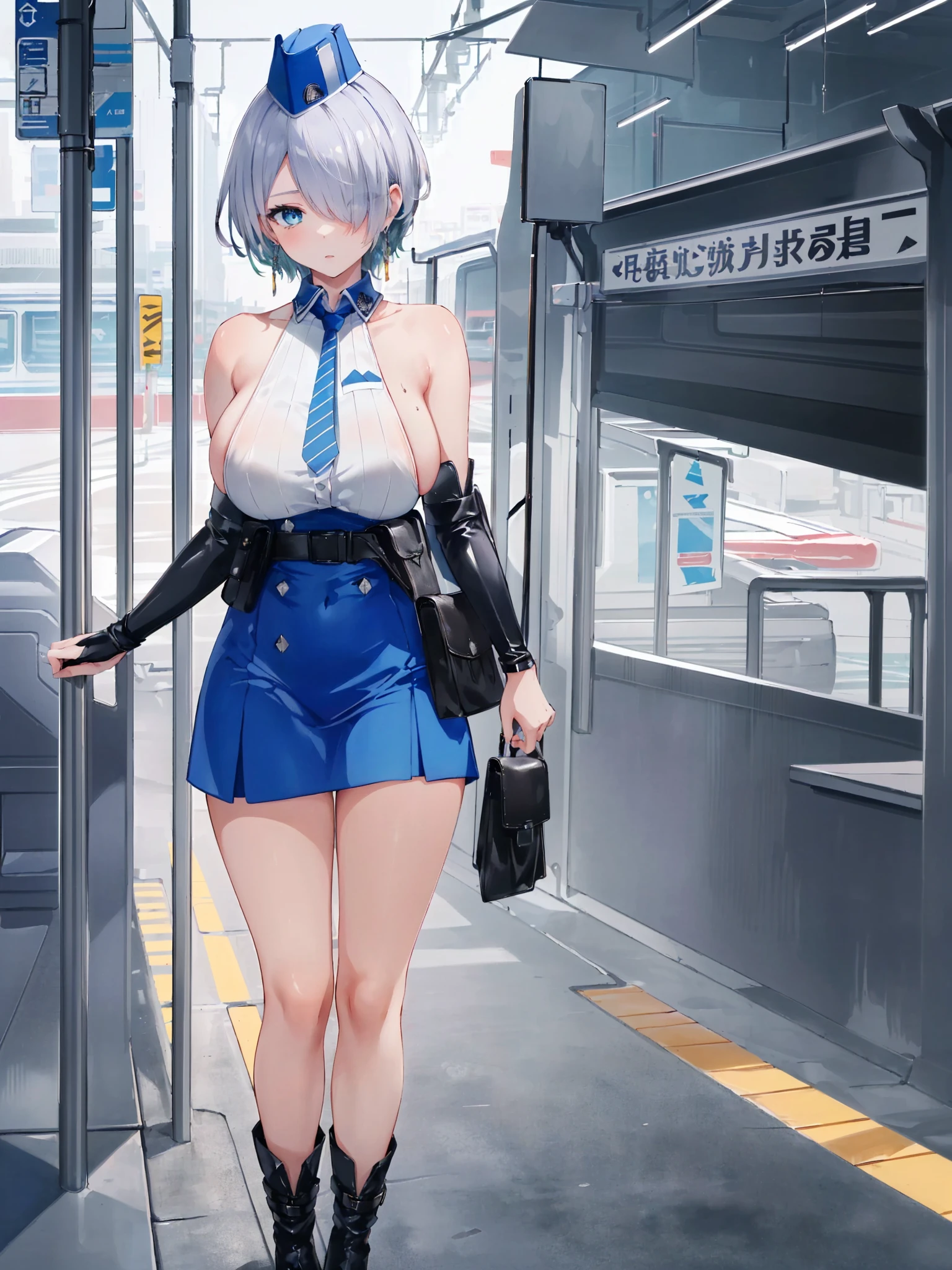 (masterpiece, best quality, ultra detailed, absurdres:1.5), 1girl, (sexy, beautiful woman, perfect face, perfect eyes, perfect female body, large breasts:1.5), (nikkebrid, white hair, low ponytail, hair over one eye, earrings, garrison cap, sleeveless shirt, long skirt, blue necktie, belt pouch, elbow gloves, high heel boots, ), (standing, indoors, future_train_landscape,future_station), perfect lighting, smooth, hdr