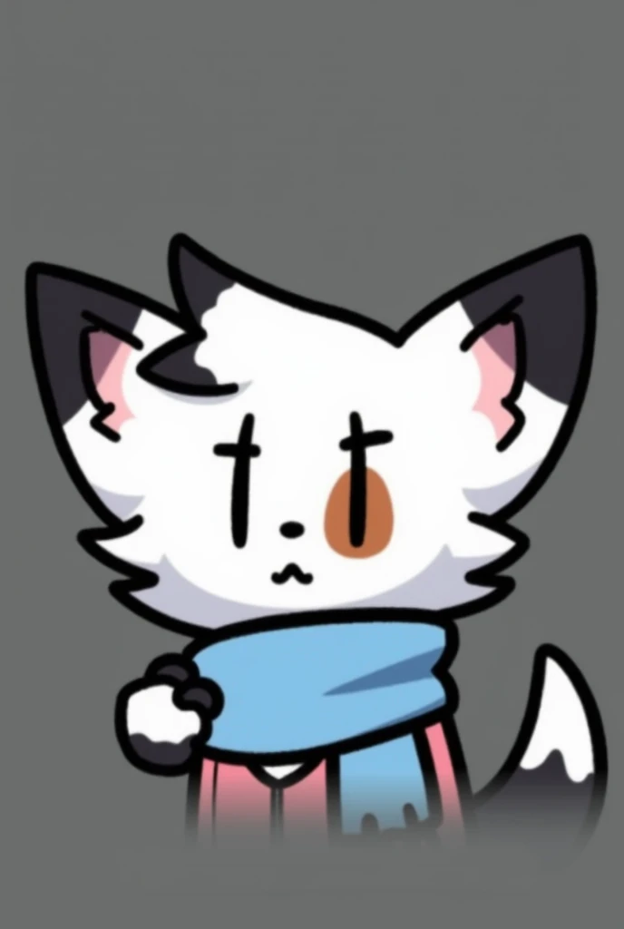 Anthropomorphic white cat-fox, Brown spot on the tufts of the left cheeks and eyes, black spots on the tips of their ears, left hand and right hand; light blue scarf, pink coat, Black pants, Black tail with white tufts at tip, Whole body, anime style