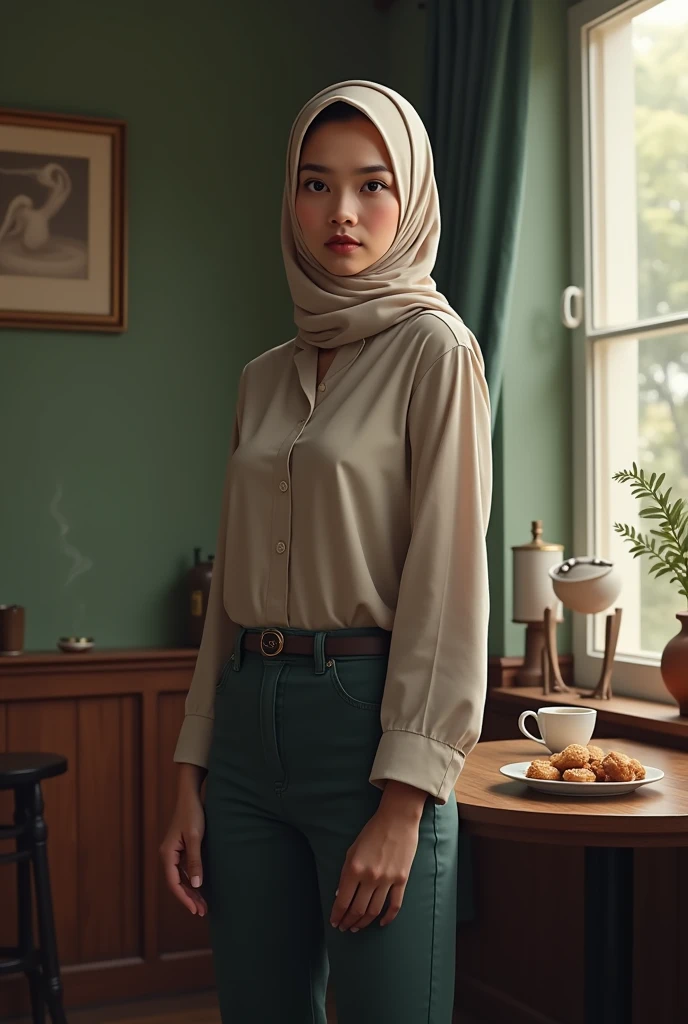 (full body photo: 5), (Indonesian girl in hijab: 5), 1 girl, 24_years old, (standing_position), (good_body), (shoes like a model), (small_waist: 5), coffee, old, tea, snack, cup, smoke, realistic, detailed, masterpiece, old, vintage