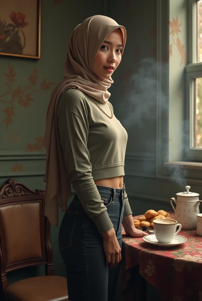 (full body photo: 5), (Indonesian girl in hijab: 5), 1 girl, 24_years old, (standing_position), (good_body), (shoes like a model), (small_waist: 5), coffee, old, tea, snack, cup, smoke, realistic, detailed, masterpiece, old, vintage