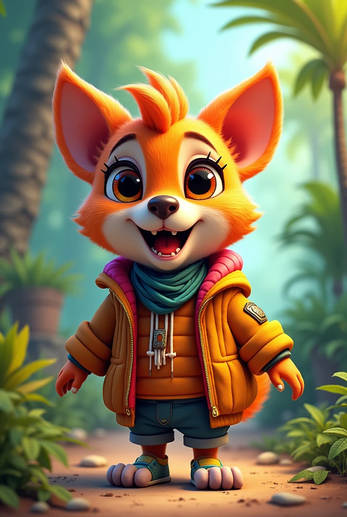 Create a flipbook cover Add the name Jhoanna Yunuen (in Spanish) at the top of the title page adding a domestic or jungle animal that is animated with clothes but is not fictional and is colorful.