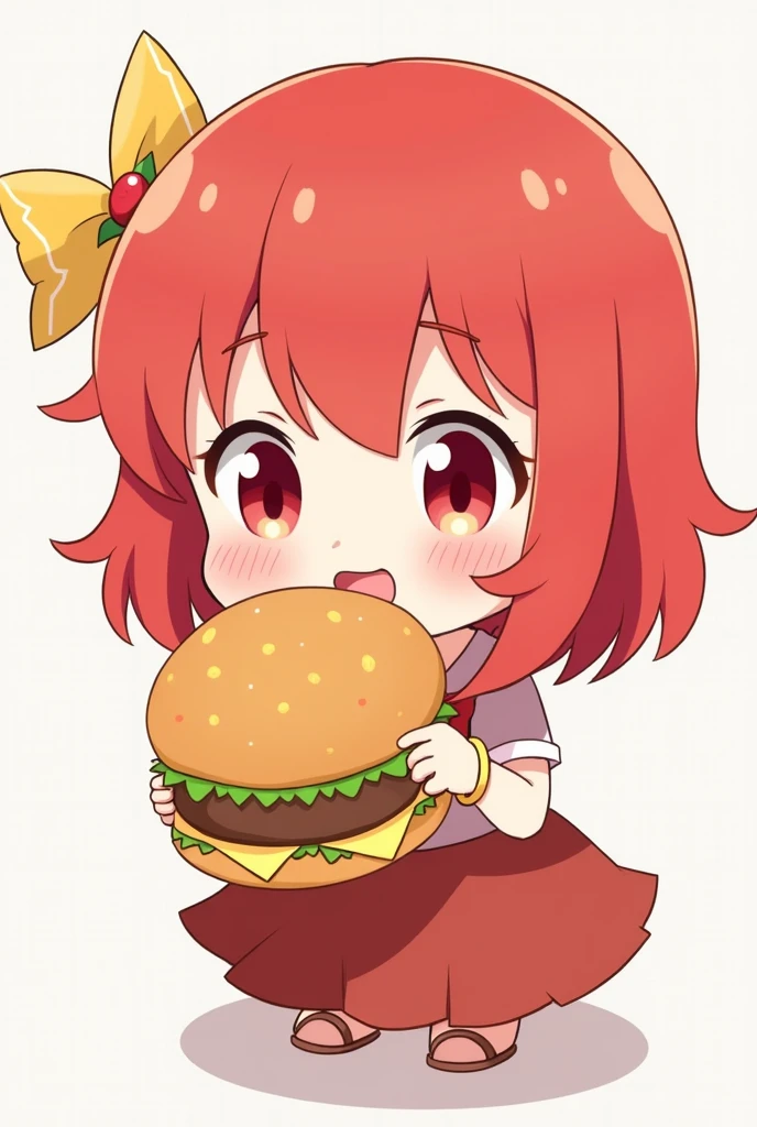 Cute red hair girl anime style like full body eating burgers 