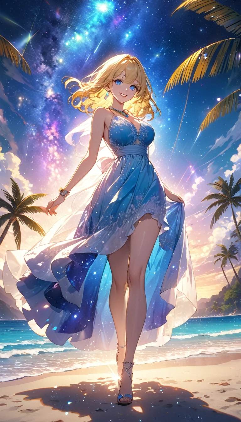 (masterpiece、Highest quality、8k、High resolution)、Best Style、(The most beautiful girl in anime)、(Clear skin、Clean blue eyes、Beautiful lips、Beautiful nose)、smile、Beautiful white upper teeth、Blonde Hair、Ample breasts、Walking on the beach、Palm tree、Beautiful starry sky、milky way、(Body、whole bodyからMystical particles of light、Mystical particles of light、Mystical particles of light、Colorful Light、Vibrant colors)、The area around the head is brightly lit with a mysterious light.、Vibrant colors、(jewelry、necklace)、dress、(whole body)、Highly detailed anime art、A complete portrayal、