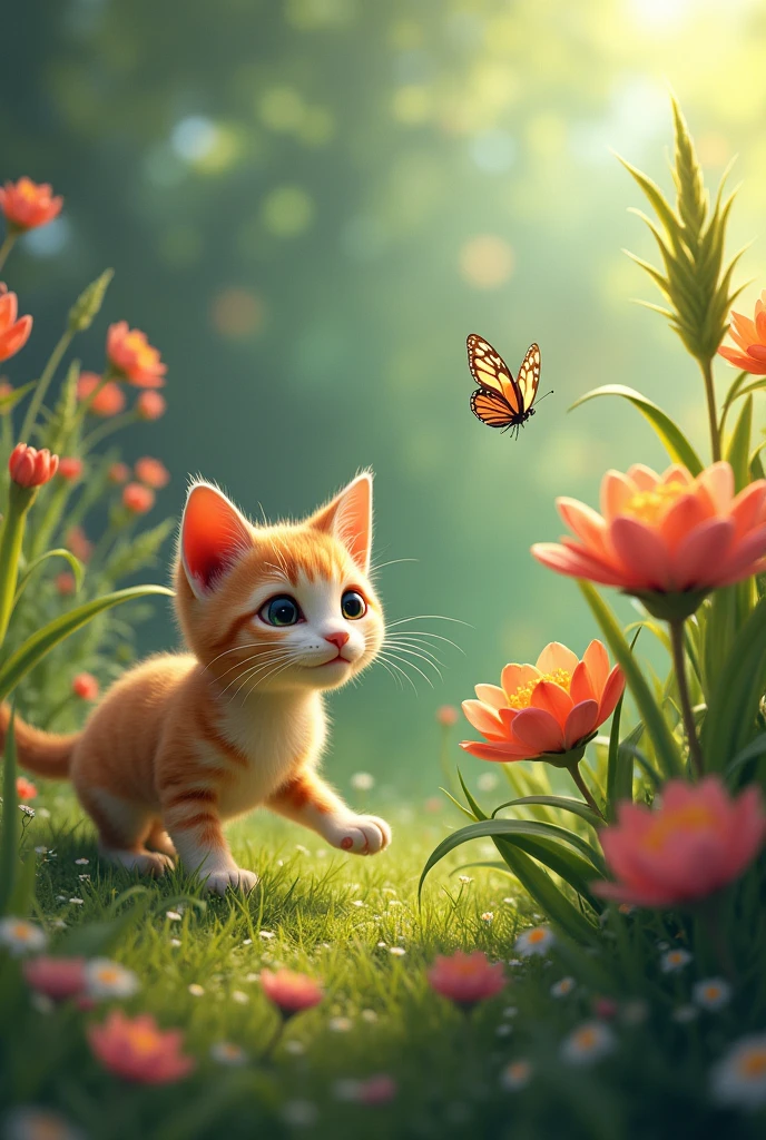 The scene shifts to a vibrant garden in full bloom, with colorful flowers and tall grass. Whiskers, the curious cat, is prowling around, her eyes wide as she spots a delicate butterfly fluttering above a flower."