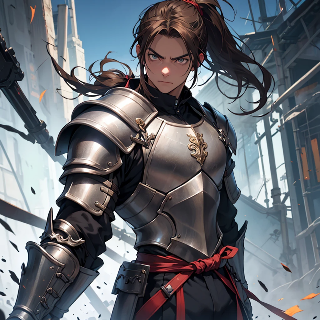 Young-faced man, adult, athletic body, He wore warrior armor, Brown hair, short, messy and tied in a short ponytail, big silver eyes, dark complexion, defiant look