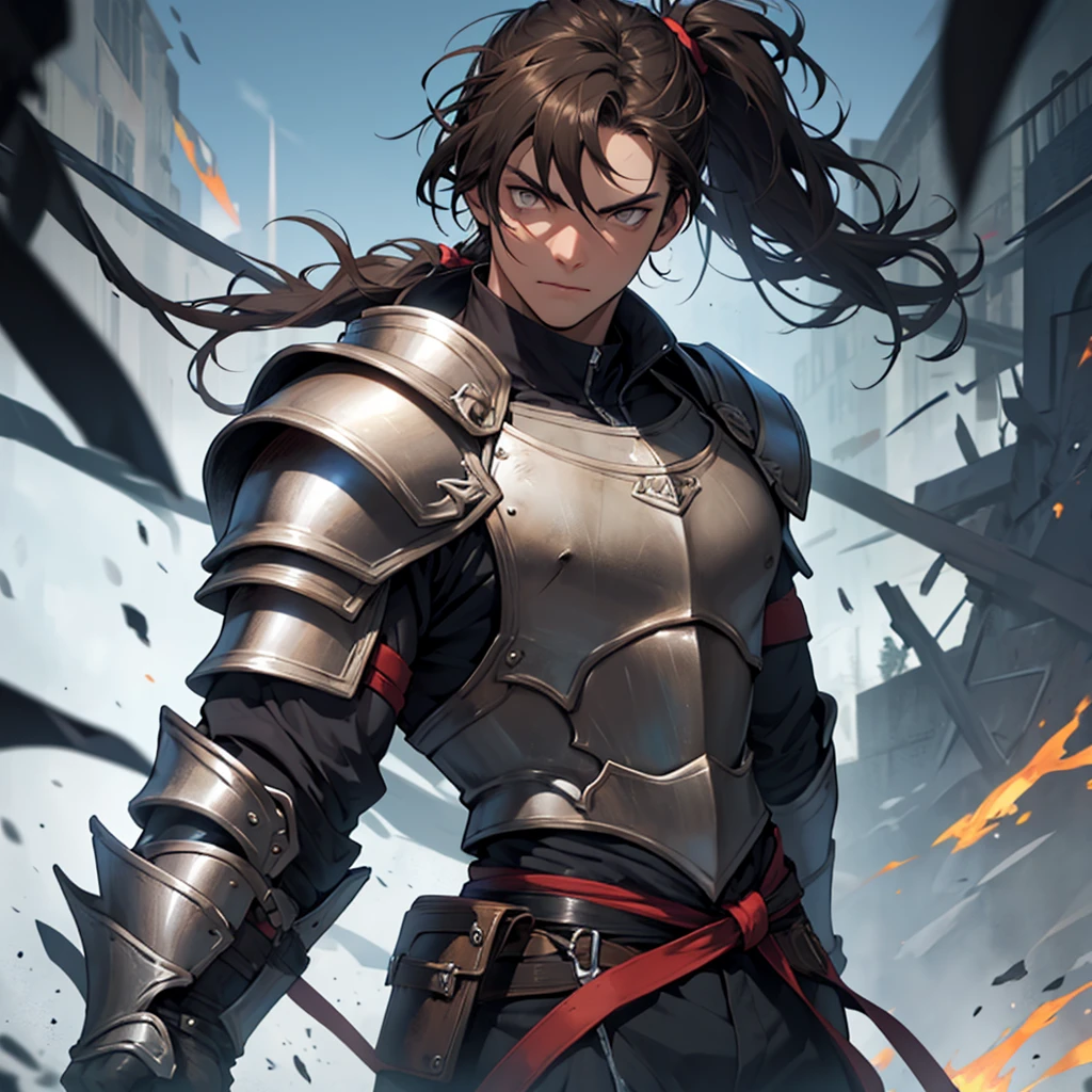 Young-faced man, adult, athletic body, He wore warrior armor, Brown hair, short, messy and tied in a short ponytail, big silver eyes, dark complexion, defiant look