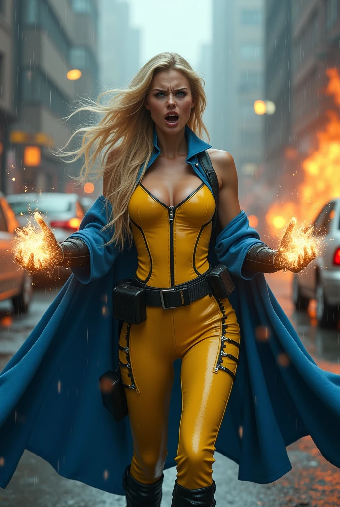 A beautiful woman with long blonde hair wearing a yellow leather jumpsuit yellow corset over her jumpsuit blue cape black boots and gloves long boots up to her knees wide black gym belt in a rainy apocalyptic city cars and buildings on fire magic in her hands knees screaming exhausted after an extensive battle magic in her hands blue cape