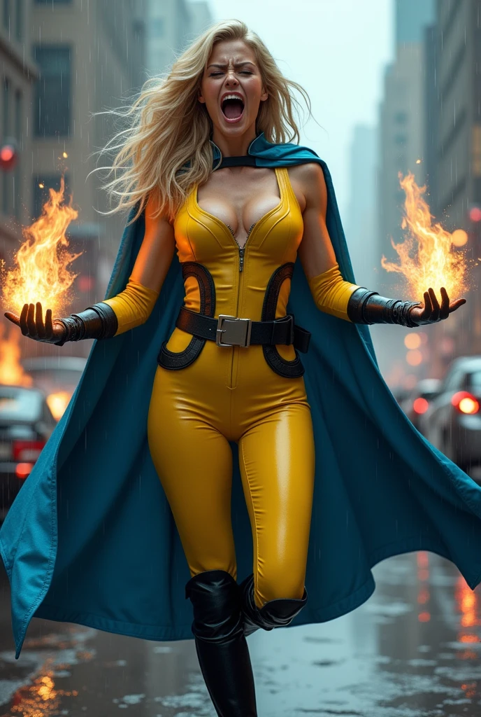 A beautiful woman with long blonde hair wearing a yellow leather jumpsuit yellow corset over her jumpsuit blue cape black boots and gloves long boots up to her knees wide black gym belt in a rainy apocalyptic city cars and buildings on fire magic in her hands knees screaming exhausted after an extensive battle magic in her hands blue cape