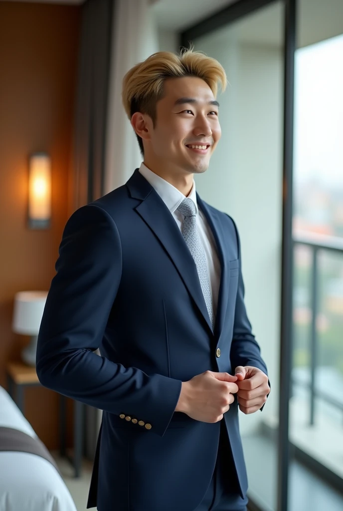 korean man, blond hair, friendly and attractive, Navy blue suit in a hotel room looking out onto the balcony, photorealist