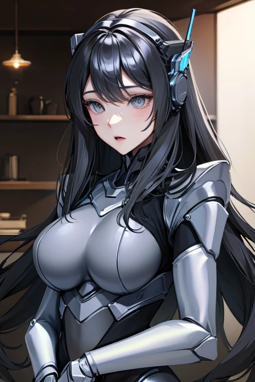 empty eyes,robotization,woman ,big bust,Robot Joint ,Metal skin,Black Suit,long hair,a suit that covers the whole body