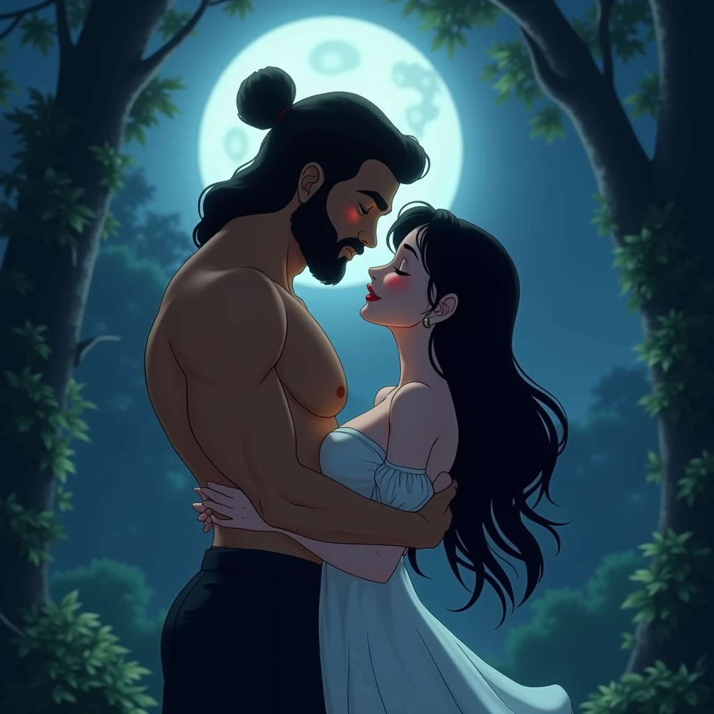 A light brown man with long hair and is formed in a bun, He wears a black shirt and black pants, emanates darkness, He is taking a woman in his arms while kissing her. The man reveals his attractive, angelic and intimidating face, with defined jaw, muscular, with a little beard, He has his eyes closed while he is hugging and kissing the young woman, delicate and beautiful woman with porcelain skin, long, straight, jet-black hair, revealing the beautiful, delicate face of that woman, She still has her eyes closed enjoying the kiss and the hug. She emanates light. at night, in the moonlight in the forest. ((The darkness that emanates from man is like a fog but stronger.)) animated art
