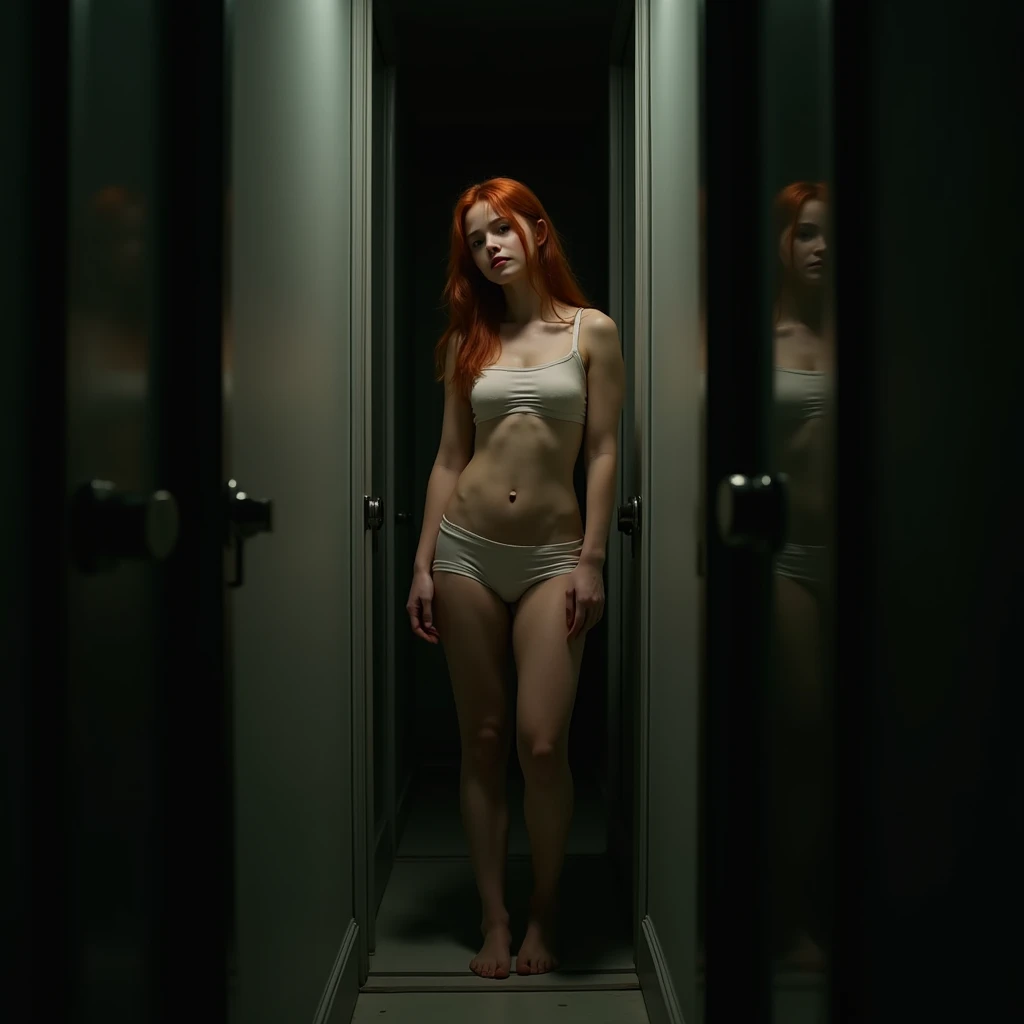 Portrait of a beautiful 18-year-old petit teen, redhead, gorgeous Chinese, in cotton panties, at the door, (dark private office, dark and melancholy light: 1.2)