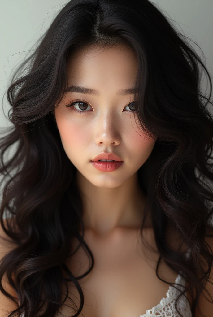 (photorealism:1.2), beautiful woman, long curly hair, realistic, intricate details, head front, asian girl