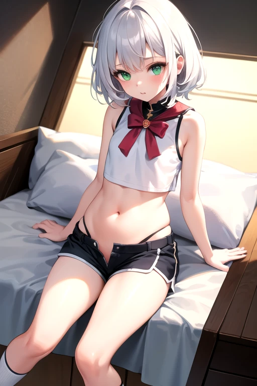 a girl with white hair, , child, green eyes, short white crop top, exposed belly button, small shorts and long white socks, masterpiece, high quality.