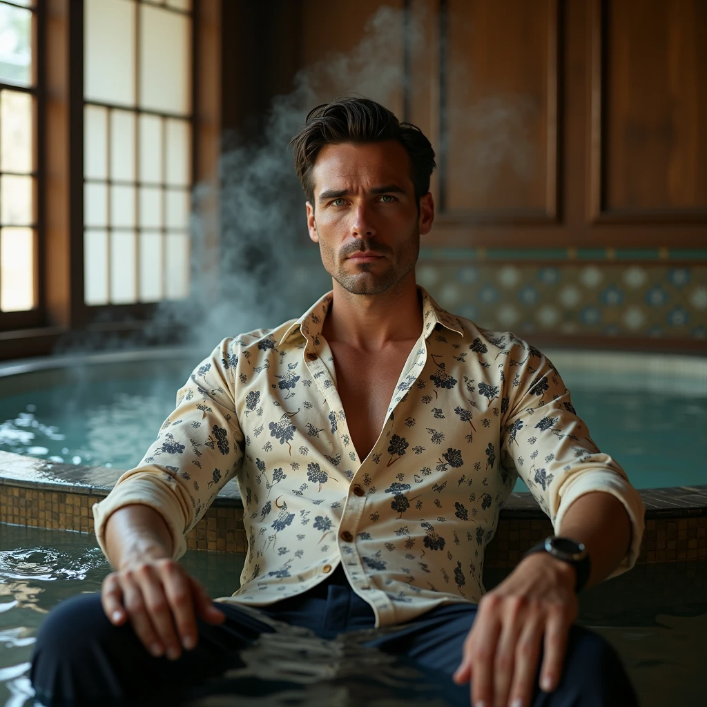 A white man, aged 35, model type, with short dark hair, with blue eyes, wearing a flowered shirt buttoned all the way up, black pants, in the bath house