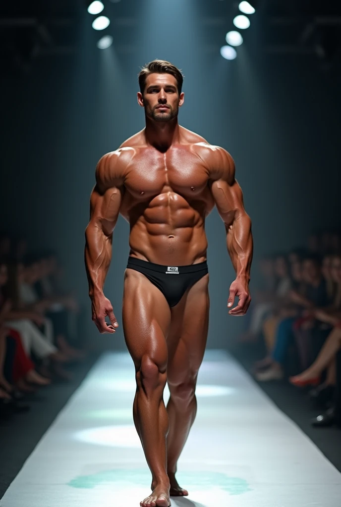 Muscular man in underwear modeling on a catwalk, shiny muscles, SEX, muscle definition, masculine, on fashion catwalk, tight underwear, big lump((NSFW)), very muscular, big muscles, naked, ropa bondage SEX