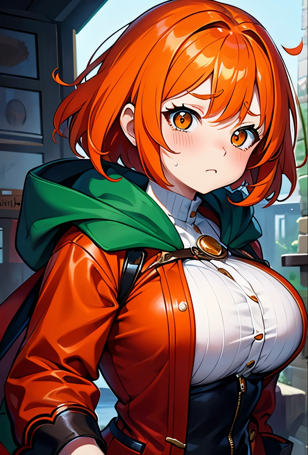 orange hair, 1girl, puffy cheeks, chubby cheeks, big breast, red coat, green clothes, fantasy, scared face, tears, long coat, hood, short hair, upper body, look at view, portraits