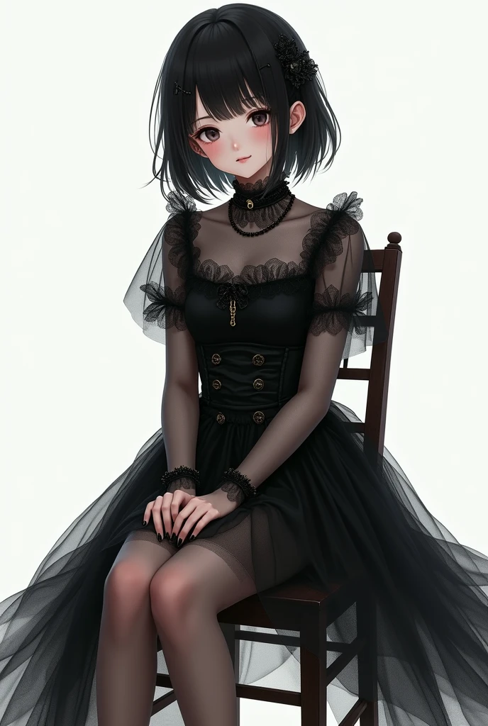 ((masterpiece))),(((best quality))),((Extremely detailed)), ((Extremely delicate and beautiful)),Super cute black hair,Black ta dress girl. 8K ultra-high quality, Delicate texture, Pure white background,(Wear black pantyhose),Show long legs,sit on the chair,18-year-old girl