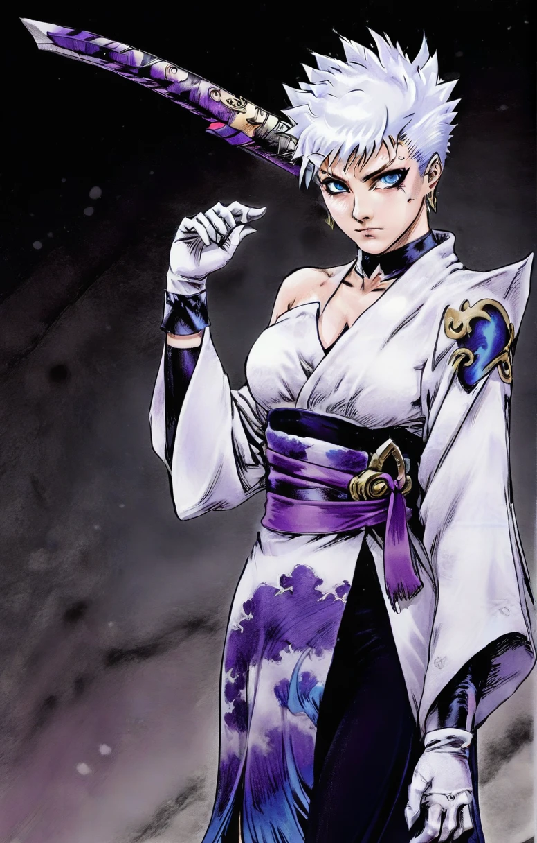 Kentaro Miura Style, RivenSBXL, blue eyes, white hair, short hair, hair over one eye, sidelocks, single horn, hair ornament, pointy ears, medium breasts, black choker, collar bone, single bare shoulder, cleavage, white kimono, purple sash, multicolored sash, purple elbow gloves, fingerless gloves, purple pants, asymmetrical clothes, greaves, purple sandals, Eclipse behind Riven