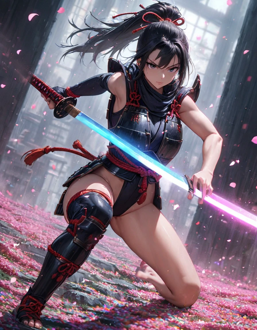 Highest quality, Great quality, 16K, Unbelievably absurd, Very detailed, delicate and dynamic, Natural light, The particles reflect light, Diffuse reflection of light, Many rainbow-colored petals fall, Sparkling Sun, Diffuse reflection of light, Create amazing image effects, Cool girl, Serious, passion A female ninja, full body, (Beautiful hands:1.5), ponytail hair, (Japan Armor,ninja suit:1.2), (bare arms, bare thighs:1.2), katana, japanese long sword, (Wielding a sword:1.5), (dynamic angle:1.2), agressive posing:1.2), fantasy, in the battle field