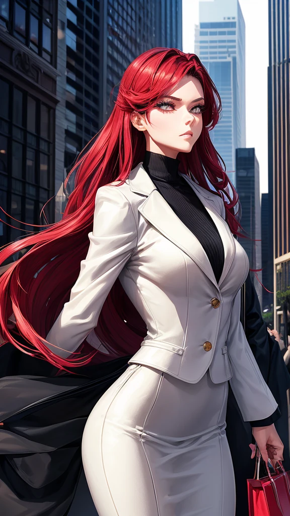 For an anime character symbolizing ambition and the desire for a luxurious life, imagine a confident and elegant young woman. She has sharp, determined eyes and an aura of sophistication. Her outfit is sleek and modern—perhaps a glamorous business suit with gold accents, or a high-fashion dress adorned with sparkling jewels. Her pose is powerful, standing tall with one hand on her hip and the other holding a briefcase or a stack of high-end shopping bags. You could add luxurious details like expensive jewelry, a sleek sports car in the background, or towering city skyscrapers that reflect her aspirations. The color scheme could include rich golds, blacks, and deep reds to emphasize her drive for wealth and success.