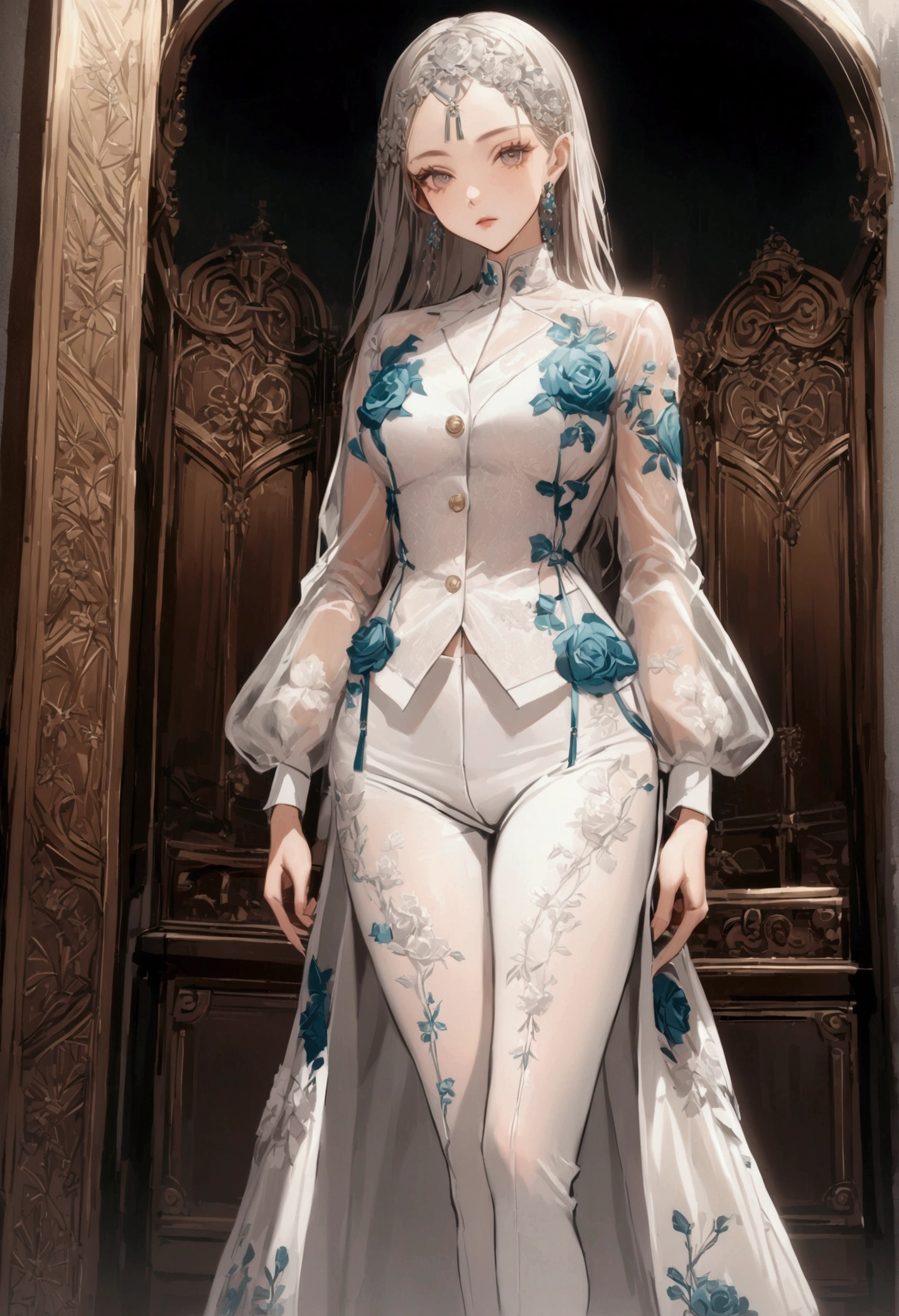 Women's mesh suit with embroidery flowers with monograms