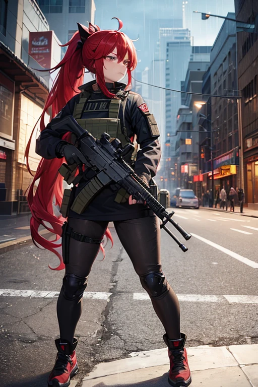 One person, High resolution, Anatomically correct, Textured skin, unrest,Sad face, (((Character profile))),bandage long hair, ponytail, Red hair, Assault rifle,Ruined City,in the rain,Heavy breathing, Flying bullets,Biting one's lip, Head-mounted display, Dog Tags